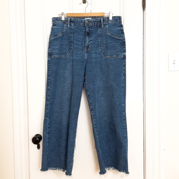Kenzie High Waist Wide Leg Blue Wash Denim Jeans w/ Frayed Hem - Sz 14 32 waist - Picture 1 of 11